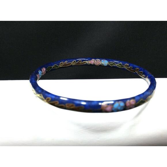 Vintage Cloisonné Bangle Bracelet, Blue Pink Floral Enamel, Asian 1960s, 8 3/4" - Picture 7 of 12
